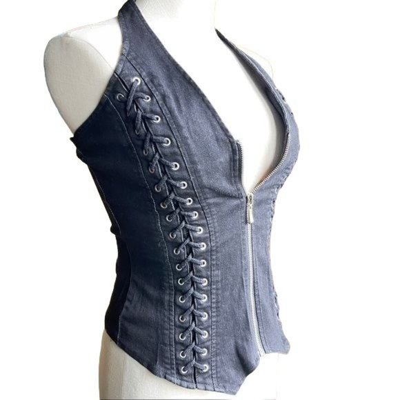 Lydia motorcycle vest Halter Top y2k black denim lace Zip Up Goth Emo Small VTG - Picture 3 of 12